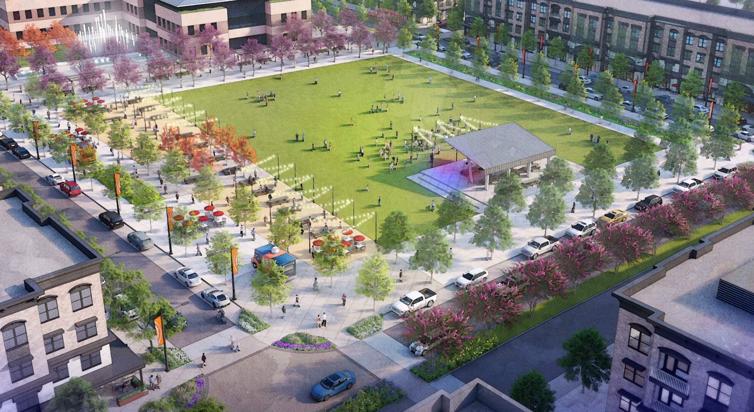 An artist's rendering of a park in the middle of Goodland Grand Prairie.