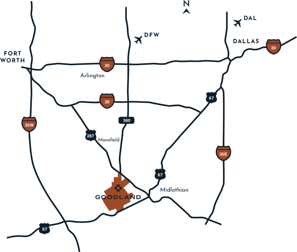 A map highlighting the location of new homes in Goodland TX, with key roads and nearby cities in the Dallas-Fort Worth area.