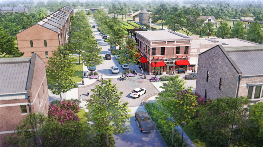 An artist's rendering of a tree-lined street in a new home community in Mansfield TX, featuring residential buildings, a red storefront, and vehicles.