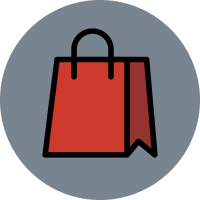Red shopping bag icon on a grey background, symbolizing new homes in Mansfield, TX.