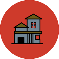 Icon of a stylized two-story house with a garage on a red background, representing new homes in DFW.