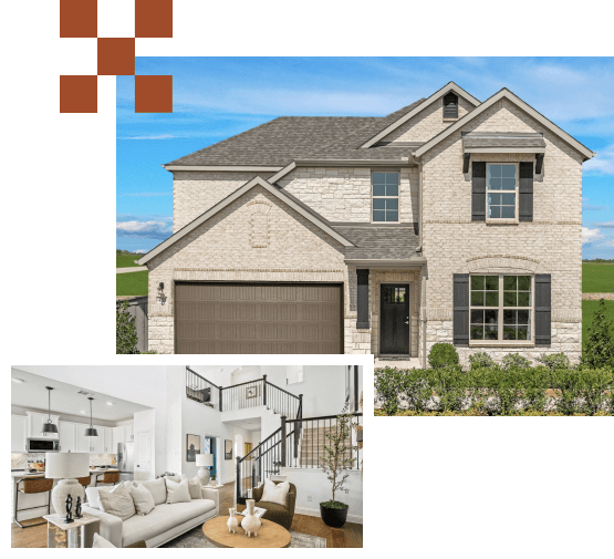 Two-story suburban house with stone facade in new home communities in Mansfield TX, featuring an interior view of a modern living room with a staircase.