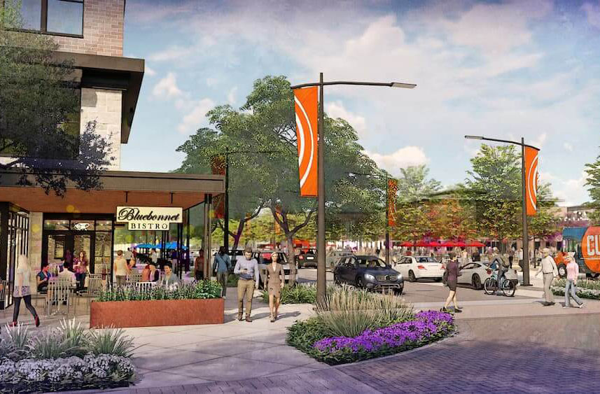 An artist's rendering of a vibrant street scene with pedestrians, outdoor dining, and banners fluttering in new home communities in Mansfield, TX.