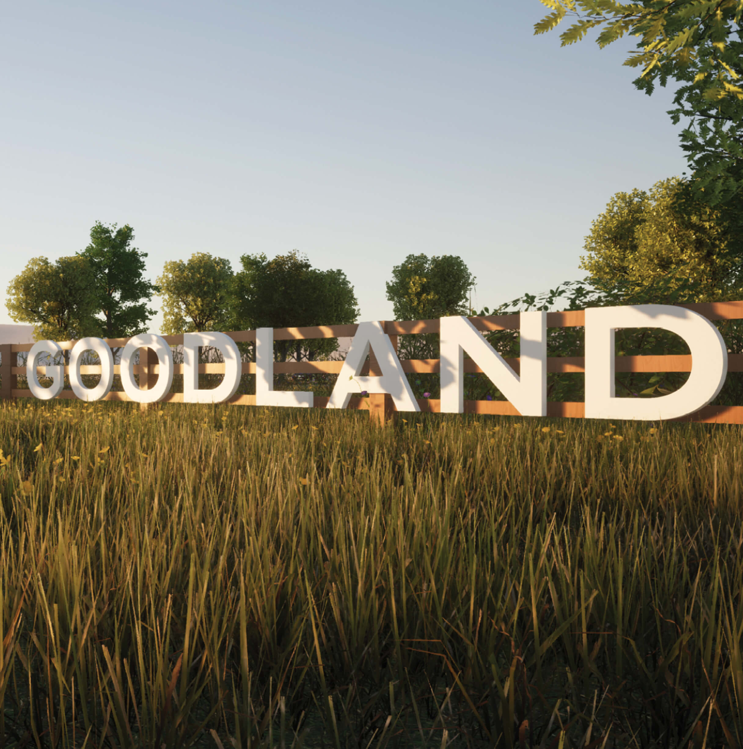 Large "Goodland" sign set in a field with trees in the background during golden hour, highlighting the new homes in Goodland TX.