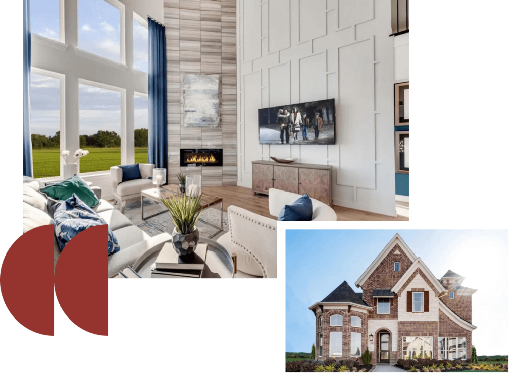 A collage showcasing a modern living room interior and an exterior view of new homes in Goodland, TX.