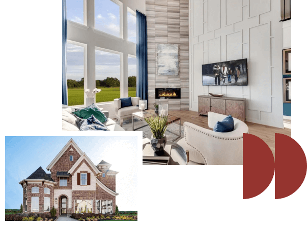 A collage showcasing a modern living room interior and an exterior view of new homes in Goodland, TX.