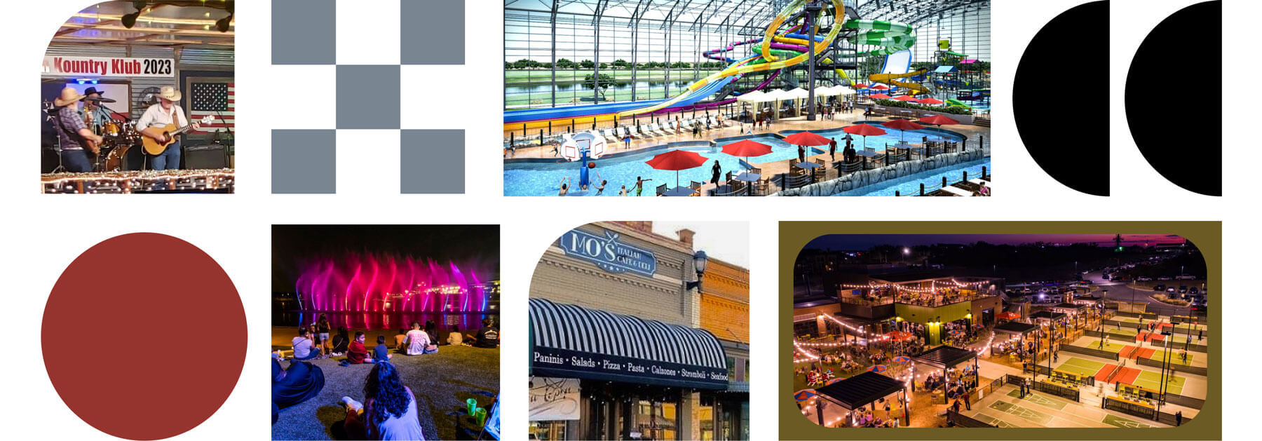 A collage of various venues and events, possibly from a city's attractions in new homes in Mansfield TX, featuring live music, water park, nighttime outdoor setting, shopping area, and logo elements.