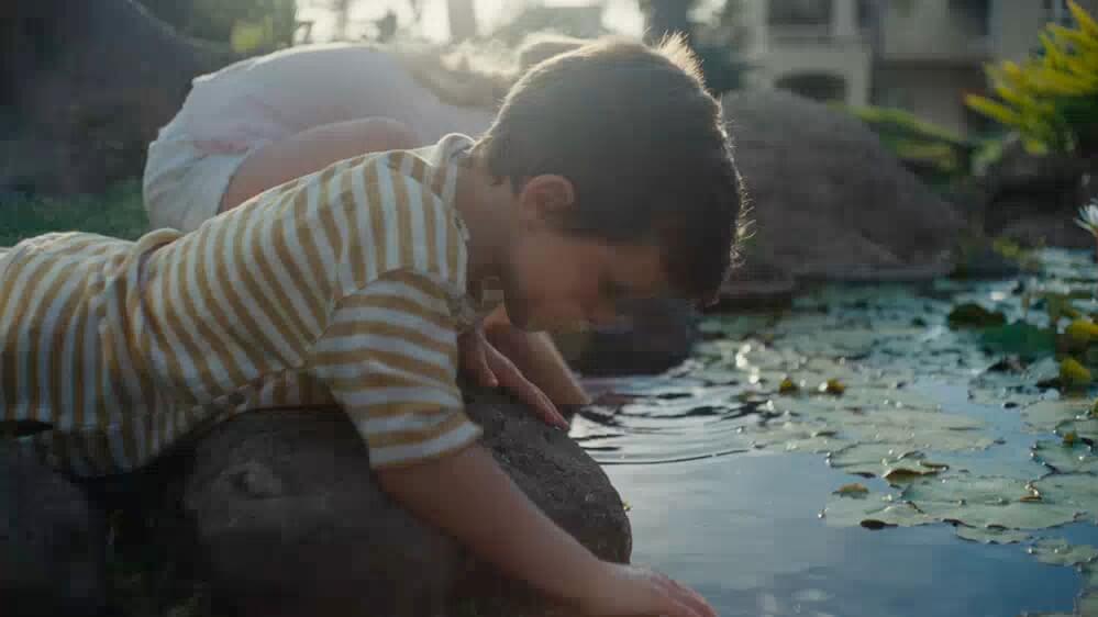 A child peering into a pond with lily pads near new home communities in Mansfield, TX, at twilight.