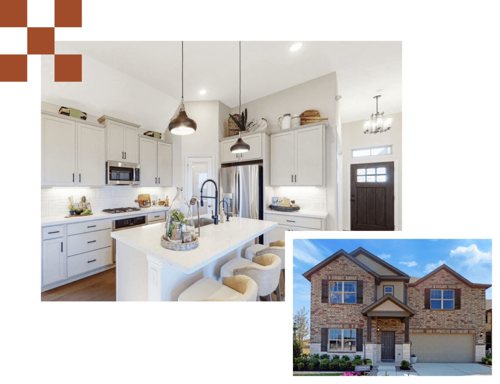 Collage of a modern kitchen interior and the exterior of a new home in Mansfield TX.