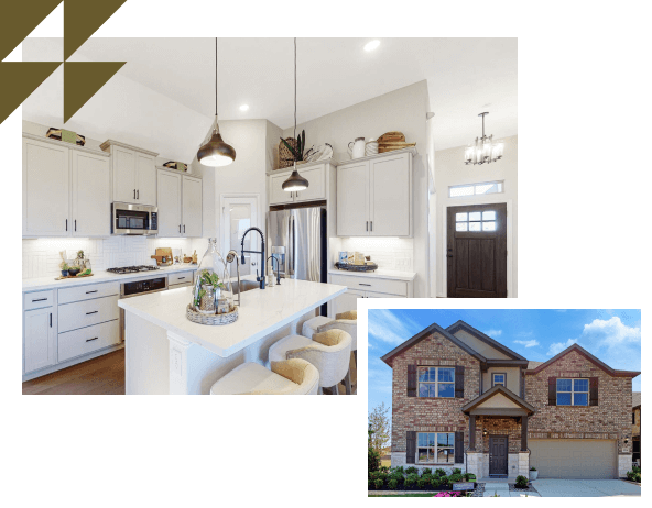 Collage of a modern kitchen interior and the exterior of a new home in Mansfield TX.