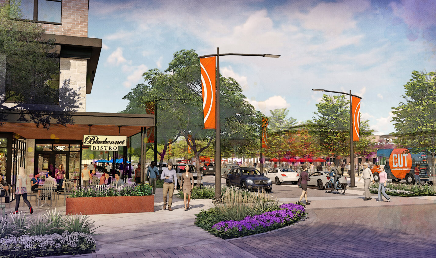 An artist's rendering of a vibrant street scene with pedestrians, outdoor dining at a bistro, parked cars, fluttering flags, and depicting new homes in Mansfield TX.