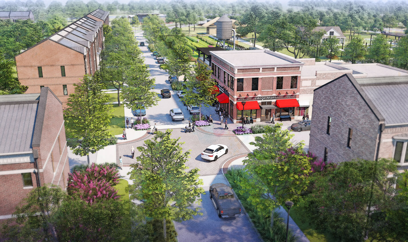 An artistic rendering of a proposed urban development in Goodland TX featuring modern buildings, a tree-lined street, and pedestrian areas.