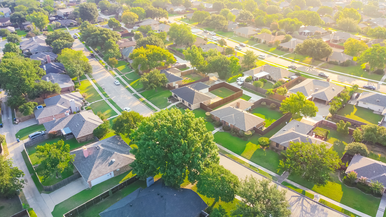 Aerial view of new home communities in Mansfield TX at sunset.