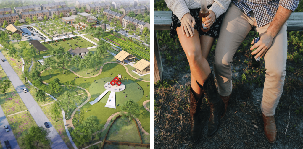 Aerial view of a planned community layout with green spaces on the left, showcasing new homes in Mansfield TX; a close-up of two people sitting with crossed legs holding drinks on the right.