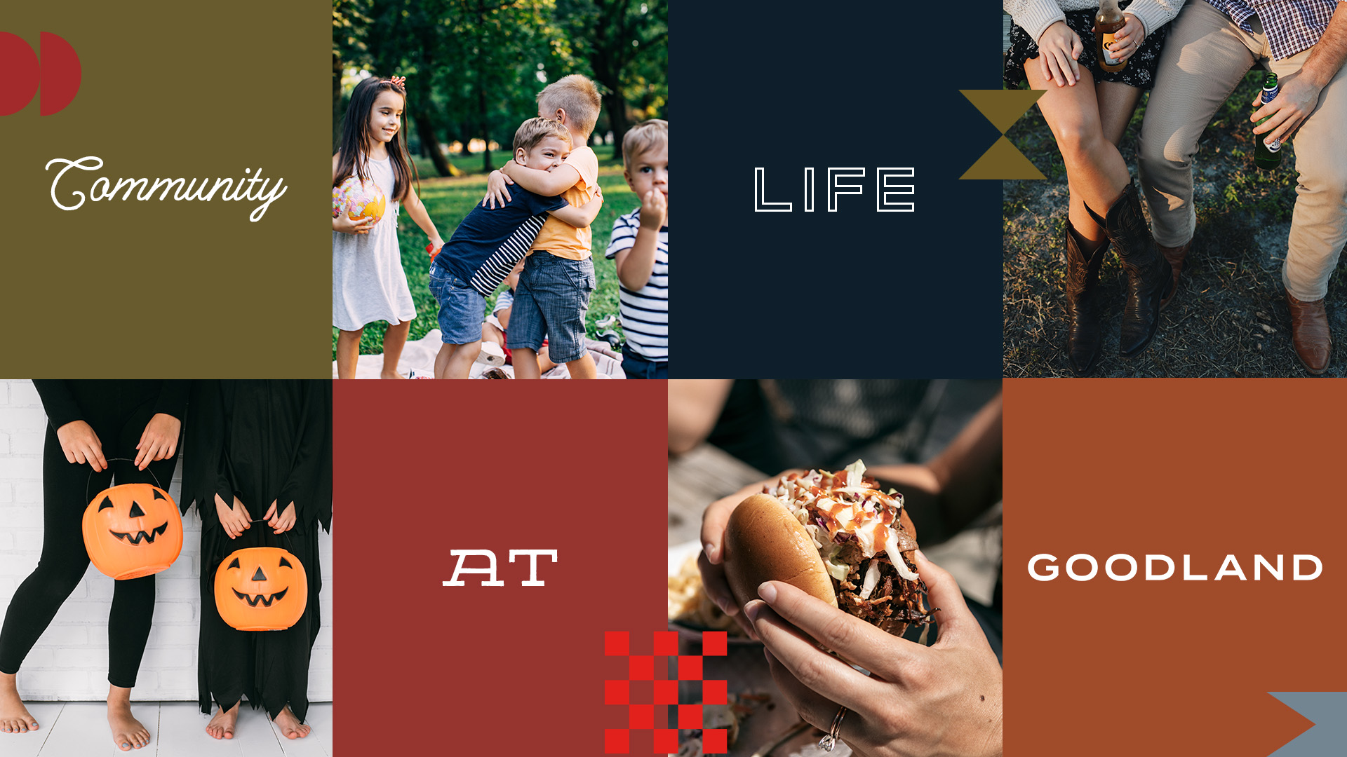 Collage with kids playing outdoors, a group sitting with drinks, people holding pumpkin buckets, and a close-up of a person holding a loaded burger. Text reads "Community Life at Goodland.