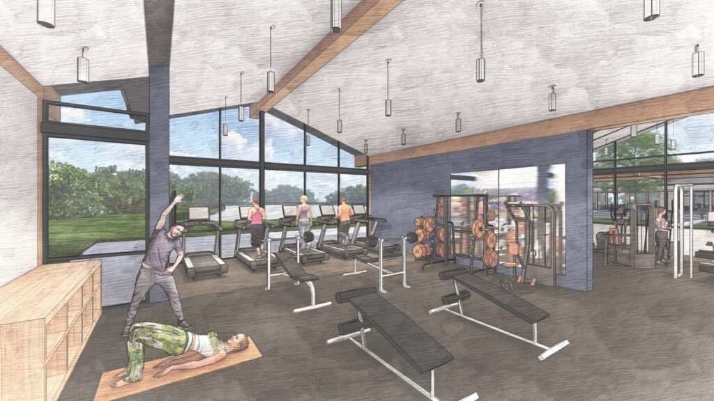 The interior of a modern gym, showcasing Goodland amenities, features people exercising on treadmills, lifting weights, and stretching on mats. Large windows offer an inspiring view of the greenery outside.