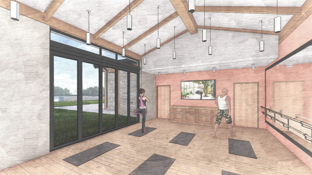 A sketch of a yoga studio featuring Goodland amenities showcases a wooden ceiling, expansive windows, and wall mirrors. Two people are gracefully practicing yoga on mats, emphasizing the serene and inviting atmosphere of this well-appointed space.