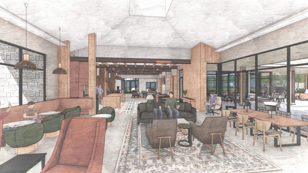 Interior rendering of a modern lounge showcasing Goodland amenities, with people seated on sofas and chairs. Features include wooden accents, large windows, and a patterned rug.