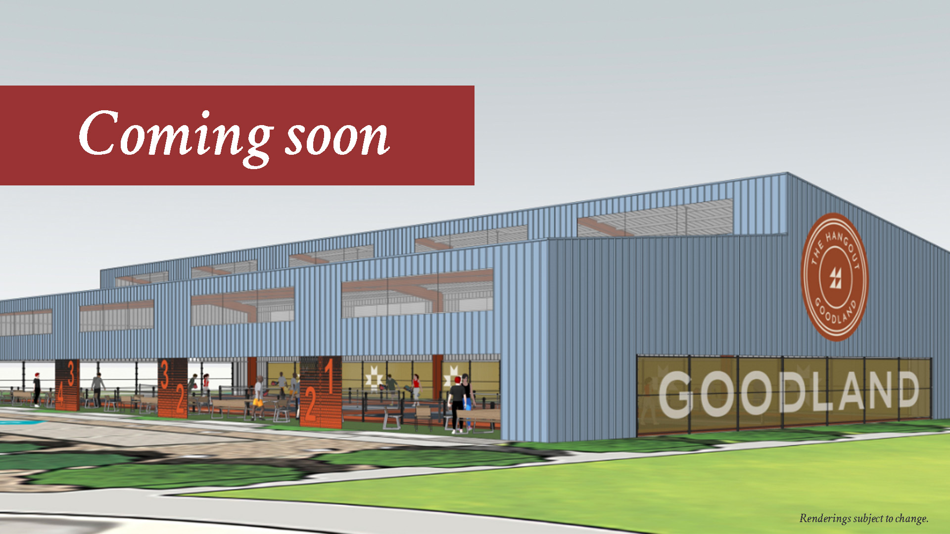 Architectural rendering of a future Goodland store with a "Coming soon" banner and people depicted in the foreground.