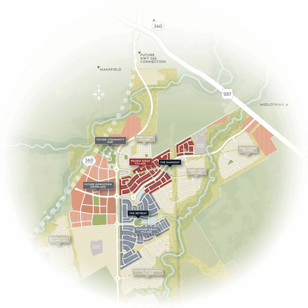 Map illustrating a planned community layout with labeled areas including "Future Community," "Future Downtown," "Plaza Square," "The Hangout," and "The Retreat" near highways 360 and 287.