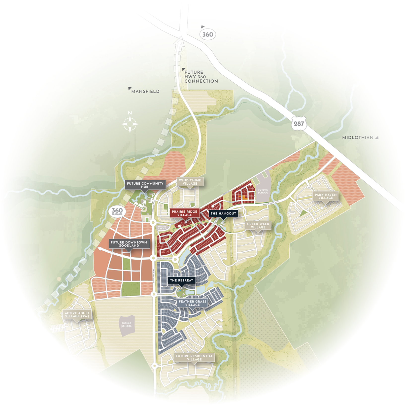 Map illustrating a planned community layout with labeled areas including "Future Community," "Future Downtown," "Plaza Square," "The Hangout," and "The Retreat" near highways 360 and 287.