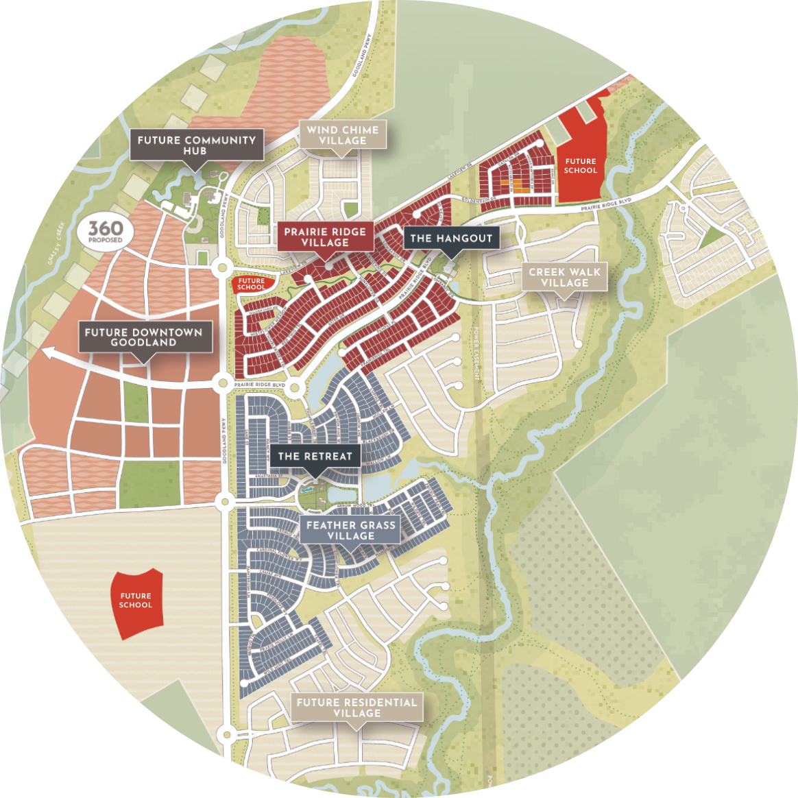 Circular map showing planned residential villages, community hubs, schools, and downtown areas, with color-coded neighborhoods and labeled future development sites.