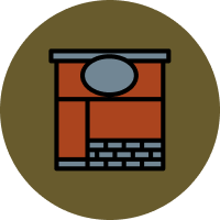 Icon of a red brick and stone wall with a gray oval sign on a brown circular background.