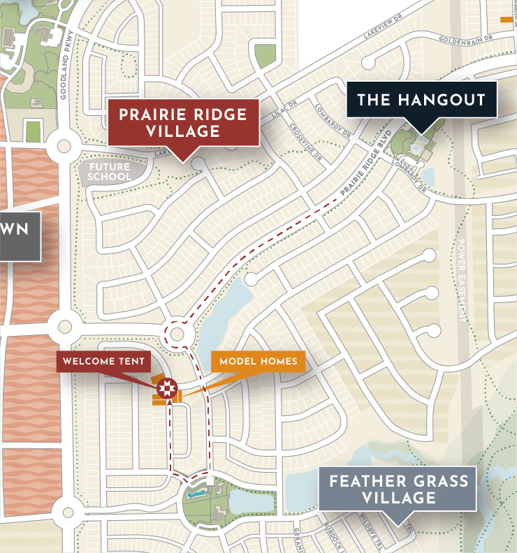 Map showing locations of Prairie Ridge Village, Feather Grass Village, The Hangout, Welcome Tent, and Model Homes in a residential area with roads and future school site.