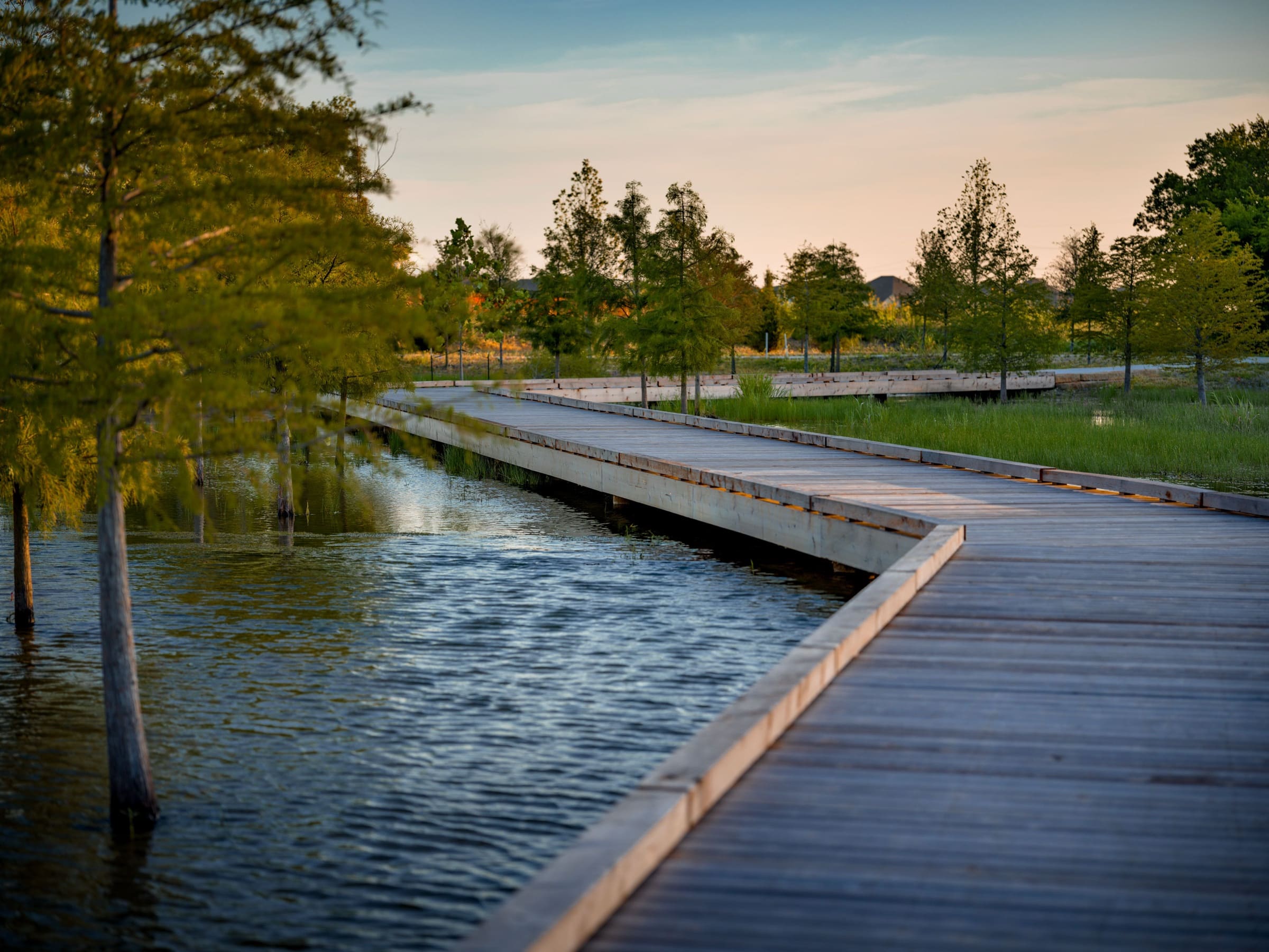 A boardwalk path through open green space in the Goodland community